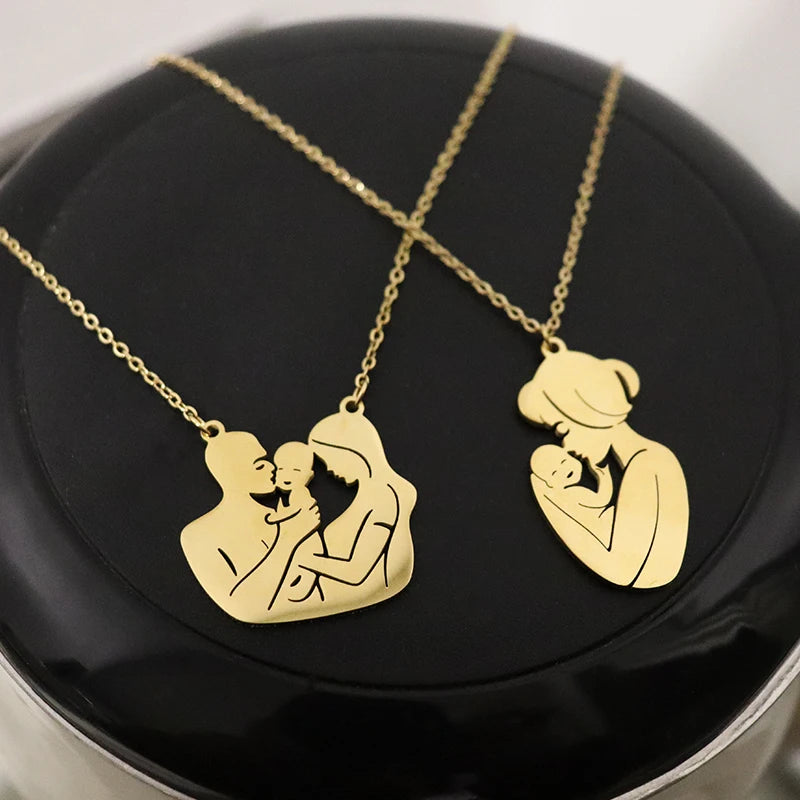 Mother And Child Hugging Family Of Three Pendant Necklace Stainless Steel Chain Mother's Day Gift  For Women Family Jewelry