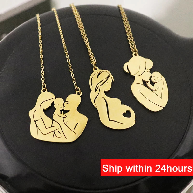 Mother And Child Hugging Family Of Three Pendant Necklace Stainless Steel Chain Mother's Day Gift  For Women Family Jewelry