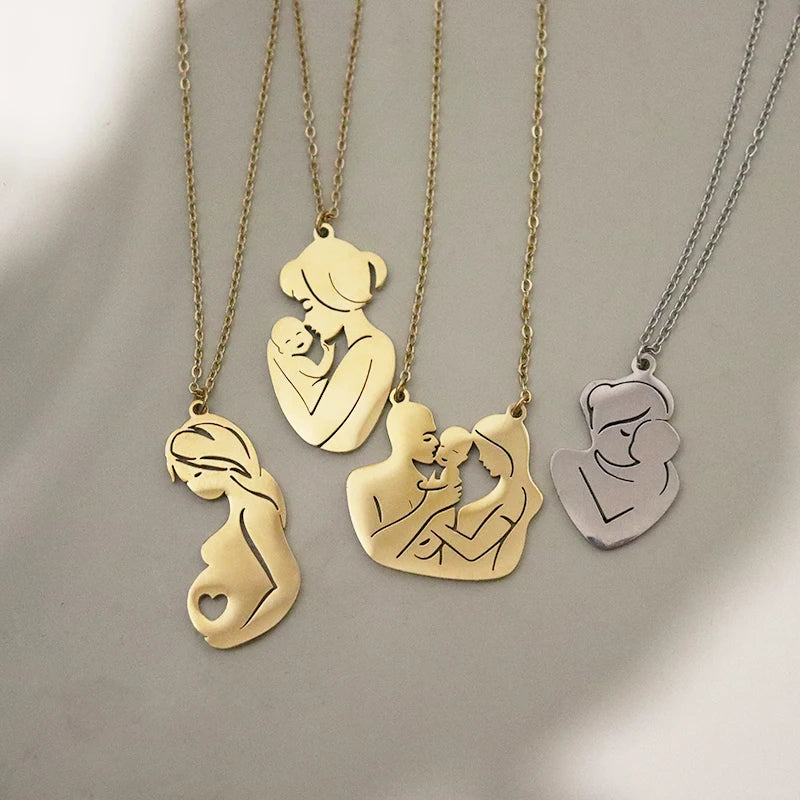 Mother And Child Hugging Family Of Three Pendant Necklace Stainless Steel Chain Mother's Day Gift  For Women Family Jewelry