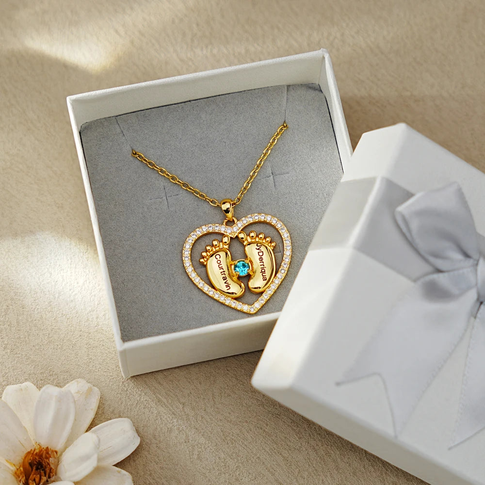 Mother's Day Gift Personalized Baby Feet Birthstone Necklace Custom Names Heart Choker For Women New Mom Daughter Jewelry Gift