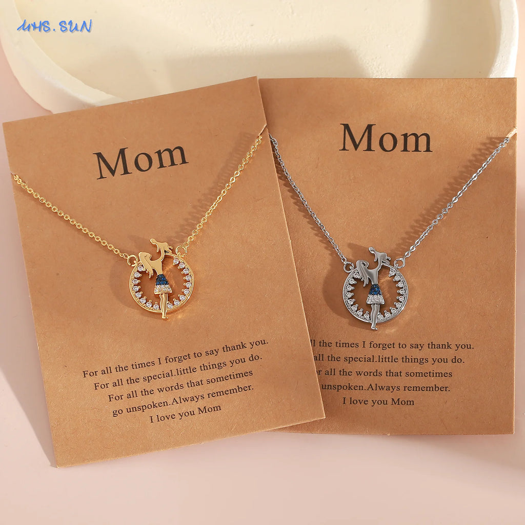 MHS.SUN Delicate Mother Baby Pendant Necklace With Card Fashion Mom Daughter Son Family Clavicle Chain Jewelry Mother's Day Gift