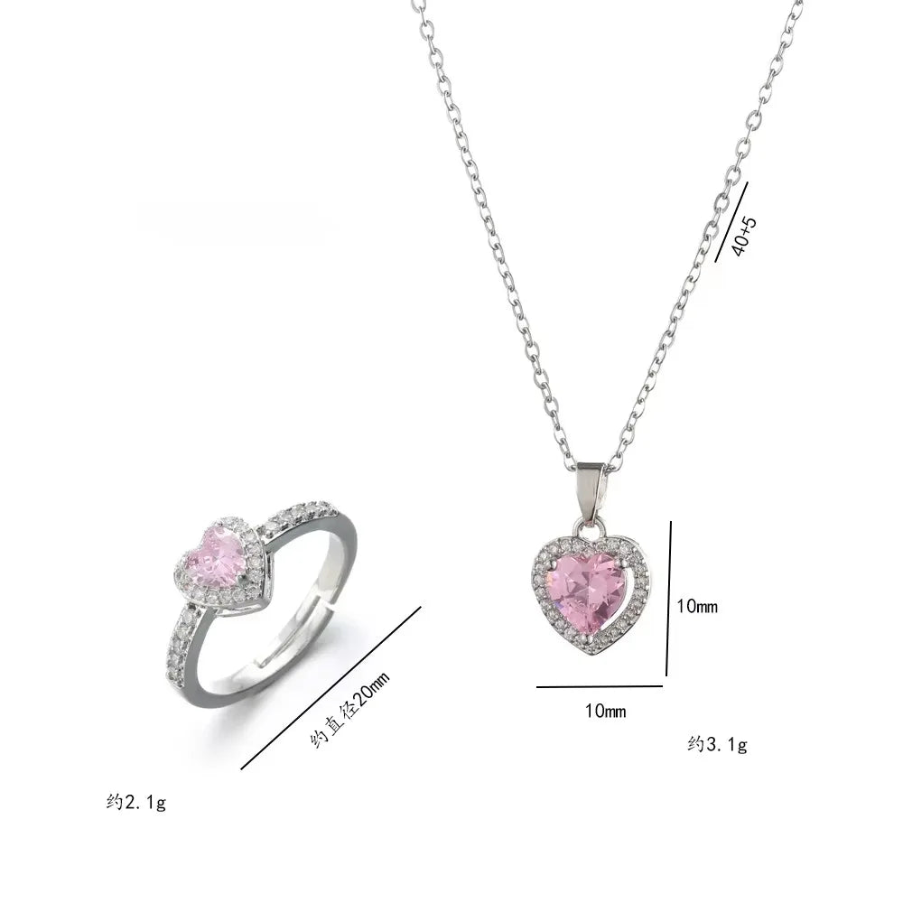 Charm Fashion Pink Heart Zircon Rings for Women Luxury Silver Color Stainless Steel Crystal Necklace Jewelry Set Gift Colorfast