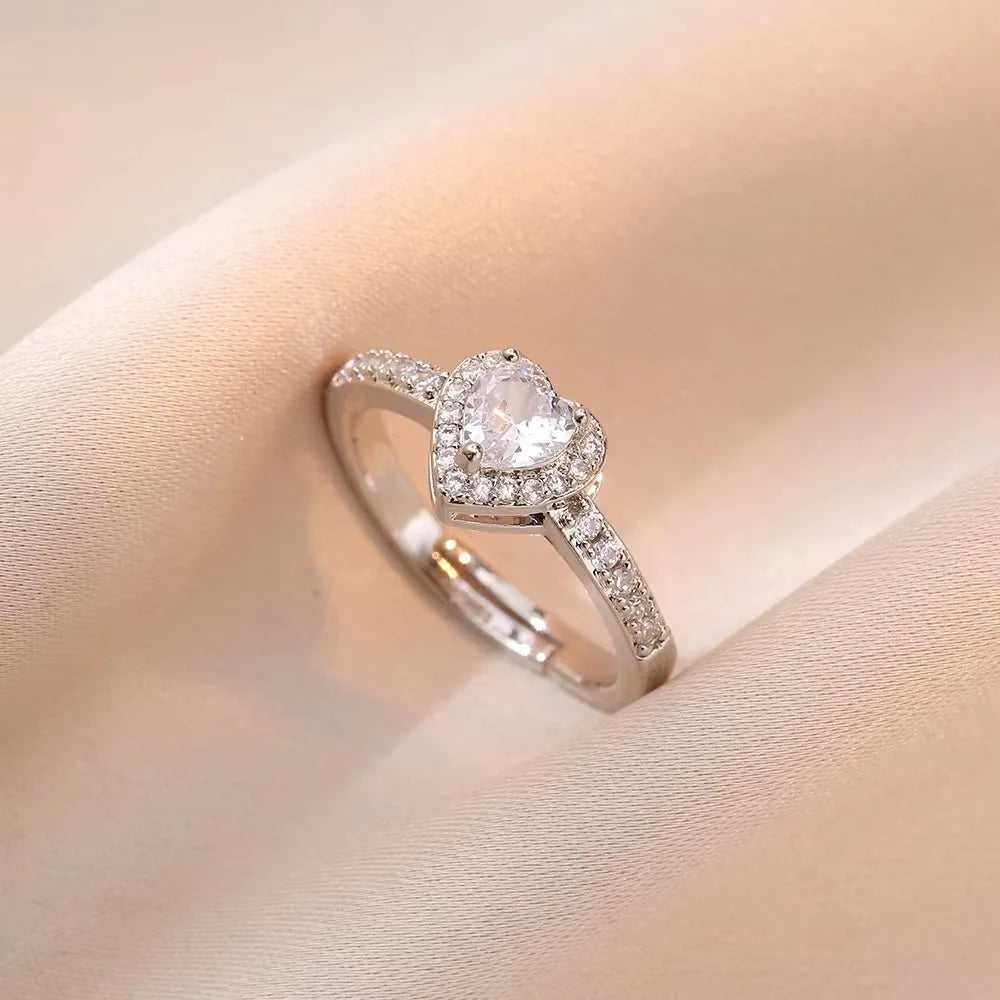 Charm Pink Heart Crystal Pendant Necklace for Women Temperament Silver Color Stainless Steel Collar Rings Jewelry Set Colorfast