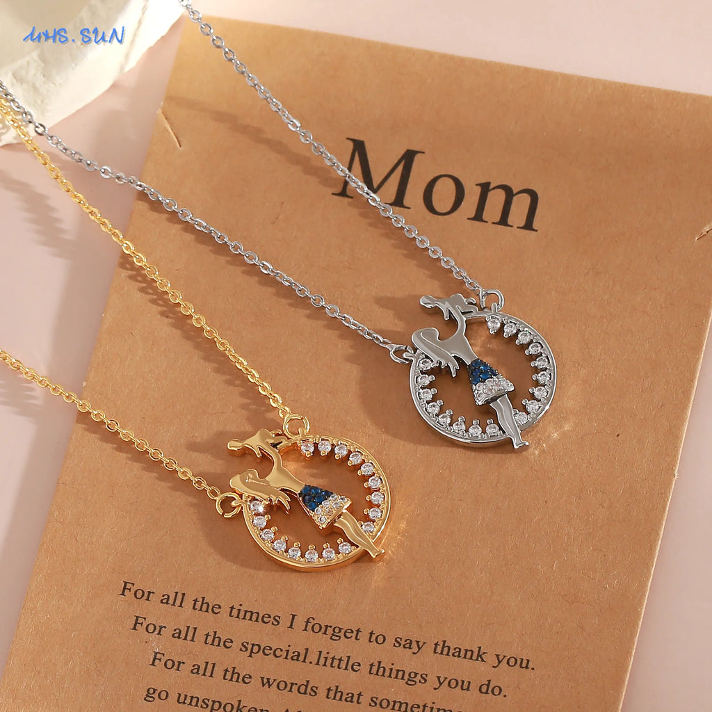 MHS.SUN Delicate Mother Baby Pendant Necklace With Card Fashion Mom Daughter Son Family Clavicle Chain Jewelry Mother's Day Gift