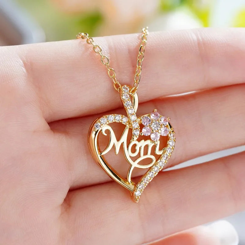 Huitan Mother's Day Necklace for Mom Luxury Trendy Craved Pendant Necklace Pink Flower Aesthetic Neck Accessories Love Jewelry