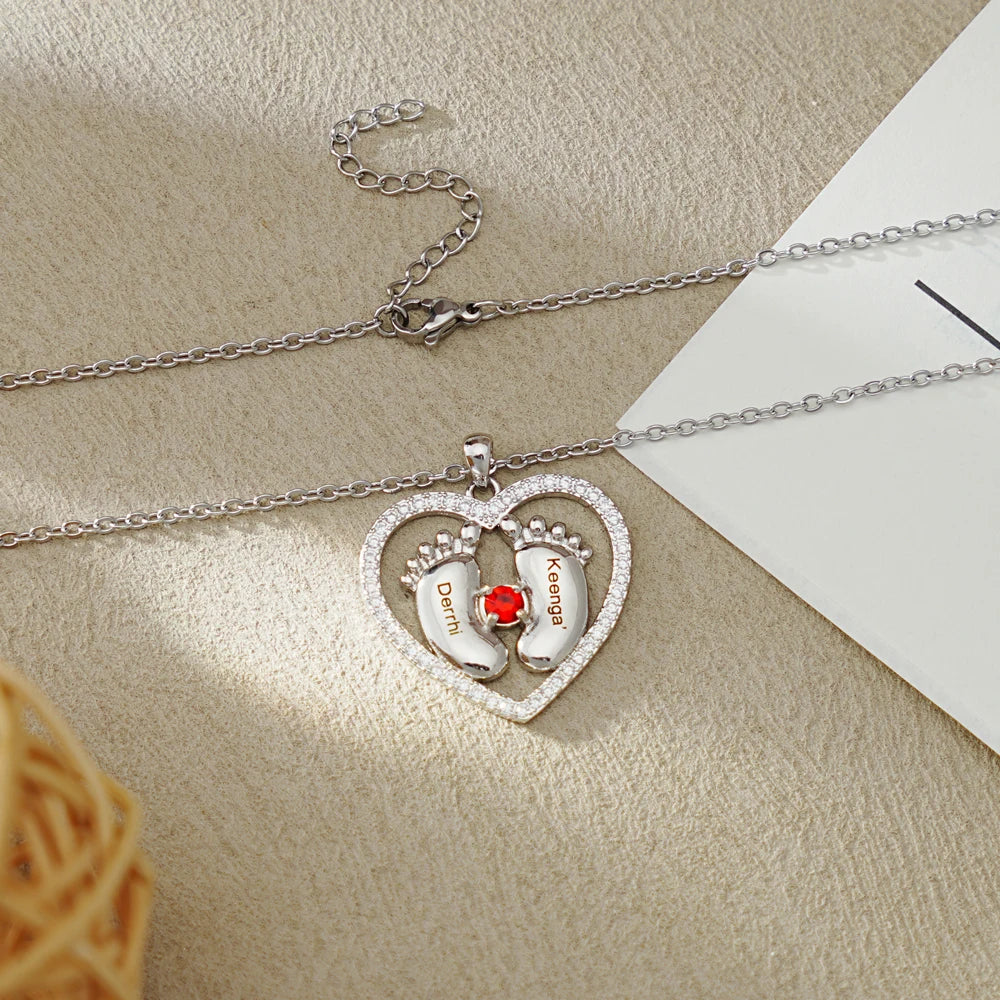 Mother's Day Gift Personalized Baby Feet Birthstone Necklace Custom Names Heart Choker For Women New Mom Daughter Jewelry Gift
