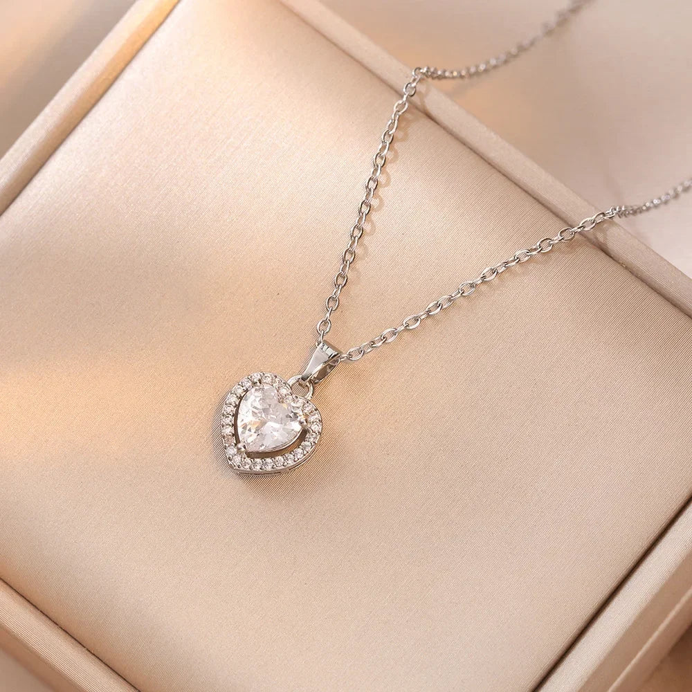 Charm Pink Heart Crystal Pendant Necklace for Women Temperament Silver Color Stainless Steel Collar Rings Jewelry Set Colorfast