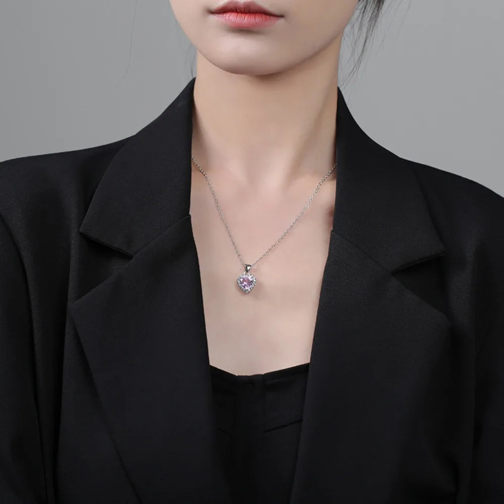 Charm Pink Heart Crystal Pendant Necklace for Women Temperament Silver Color Stainless Steel Collar Rings Jewelry Set Colorfast