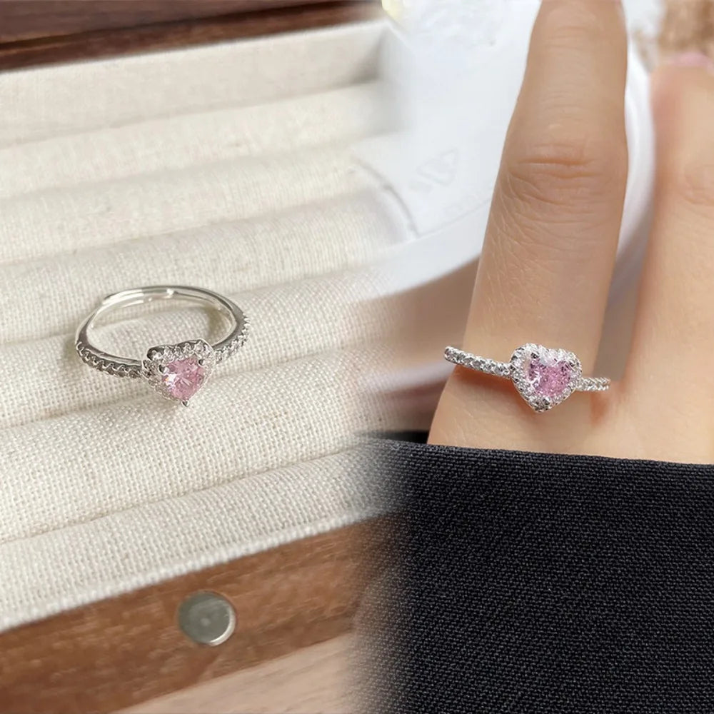 Charm Fashion Pink Heart Zircon Rings for Women Luxury Silver Color Stainless Steel Crystal Necklace Jewelry Set Gift Colorfast