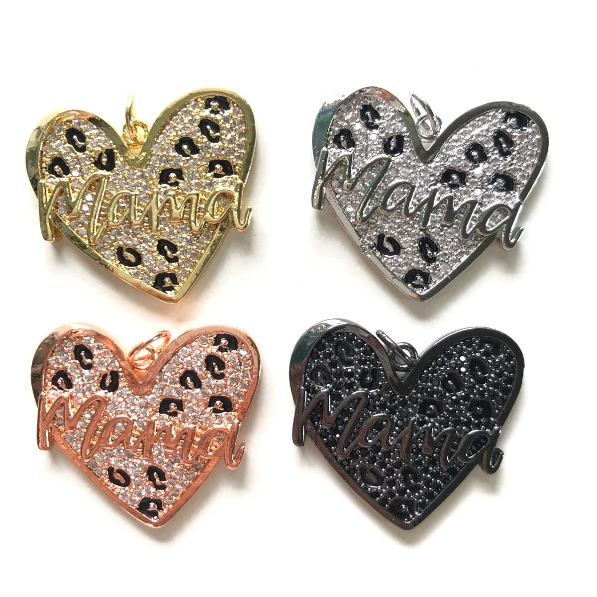 5pcs Leopard Print Mom Heart Charms for Mother's Day Jewelry Making Zirconia Pave Pendants for Necklace Bracelet Handcraft