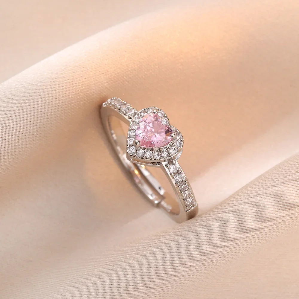 Charm Pink Heart Crystal Pendant Necklace for Women Temperament Silver Color Stainless Steel Collar Rings Jewelry Set Colorfast