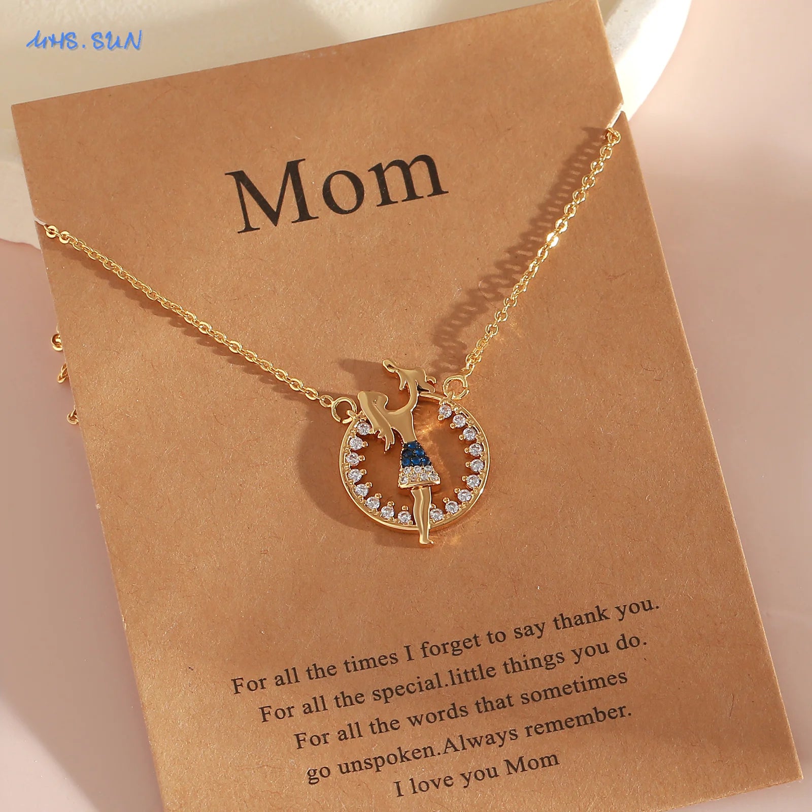 MHS.SUN Delicate Mother Baby Pendant Necklace With Card Fashion Mom Daughter Son Family Clavicle Chain Jewelry Mother's Day Gift