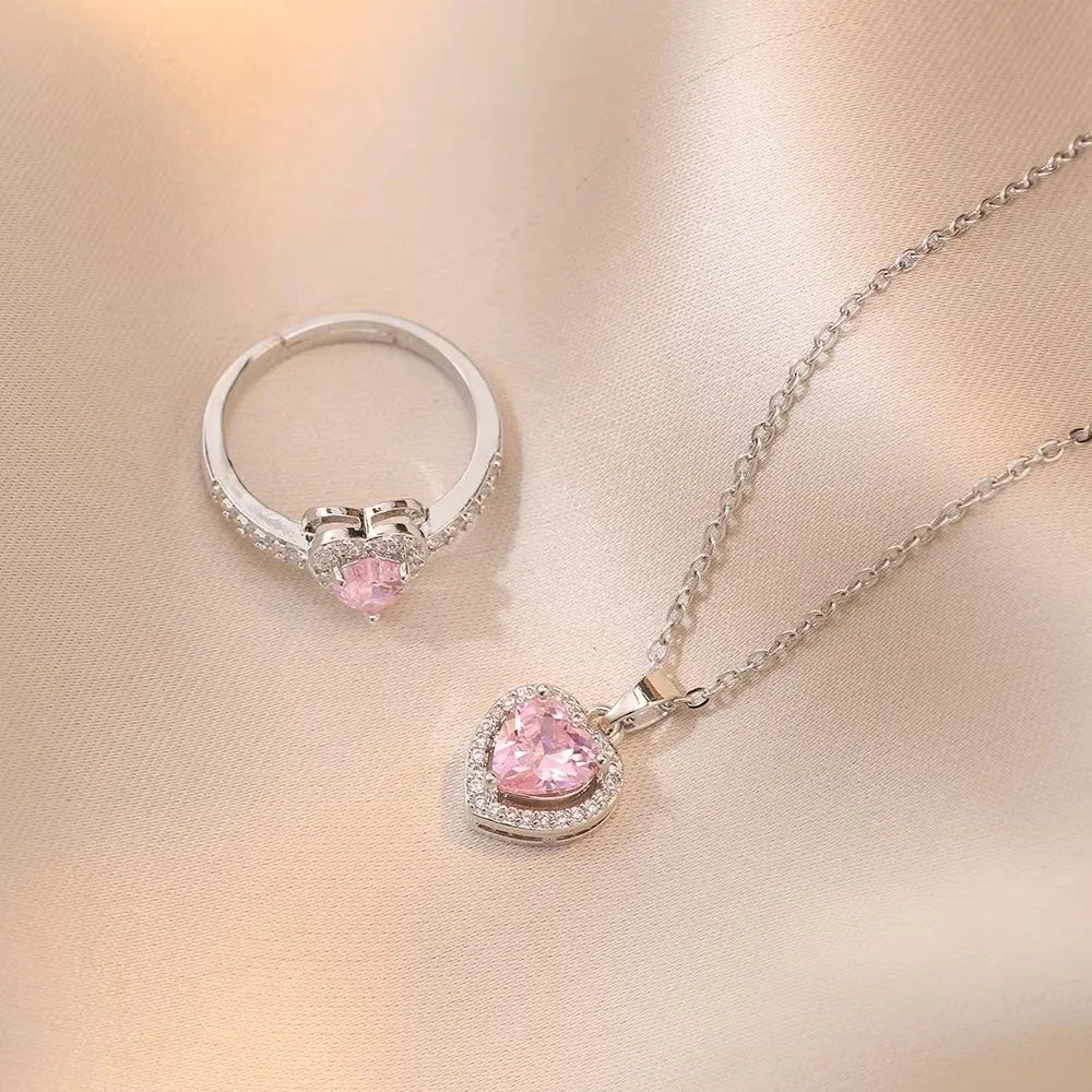 Charm Fashion Pink Heart Zircon Rings for Women Luxury Silver Color Stainless Steel Crystal Necklace Jewelry Set Gift Colorfast