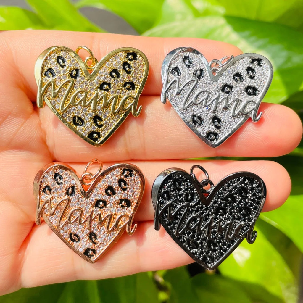 5pcs Leopard Print Mom Heart Charms for Mother's Day Jewelry Making Zirconia Pave Pendants for Necklace Bracelet Handcraft