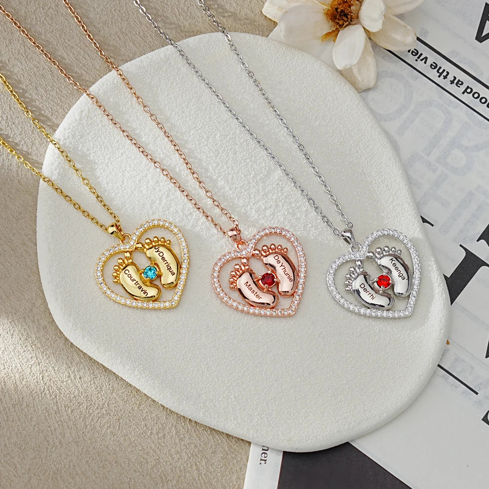 Mother's Day Gift Personalized Baby Feet Birthstone Necklace Custom Names Heart Choker For Women New Mom Daughter Jewelry Gift