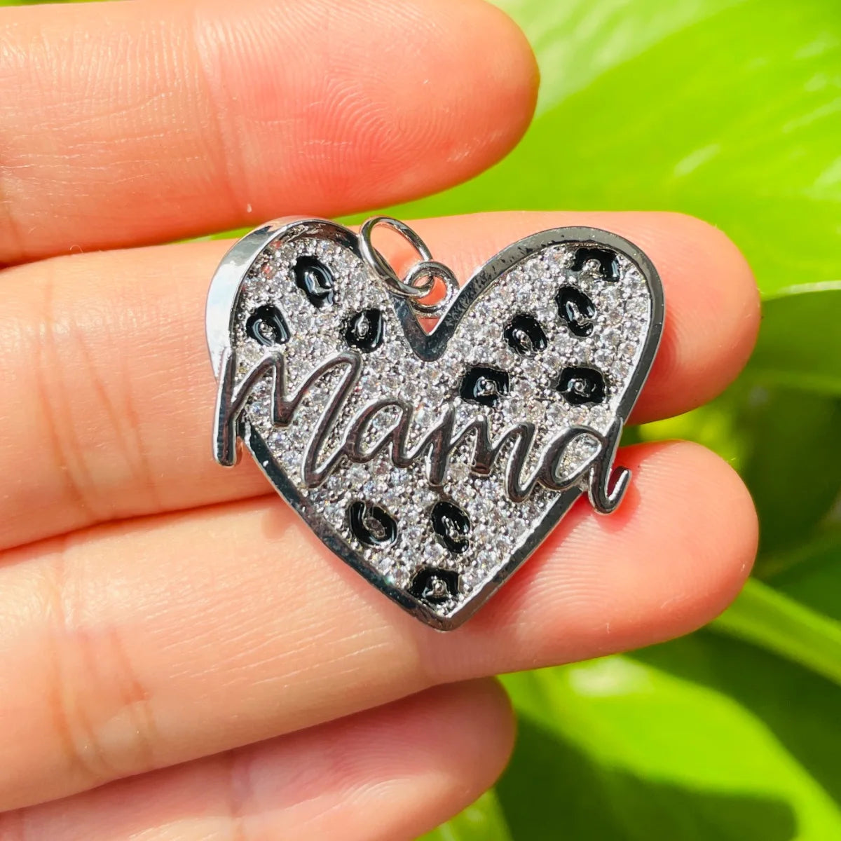 5pcs Leopard Print Mom Heart Charms for Mother's Day Jewelry Making Zirconia Pave Pendants for Necklace Bracelet Handcraft