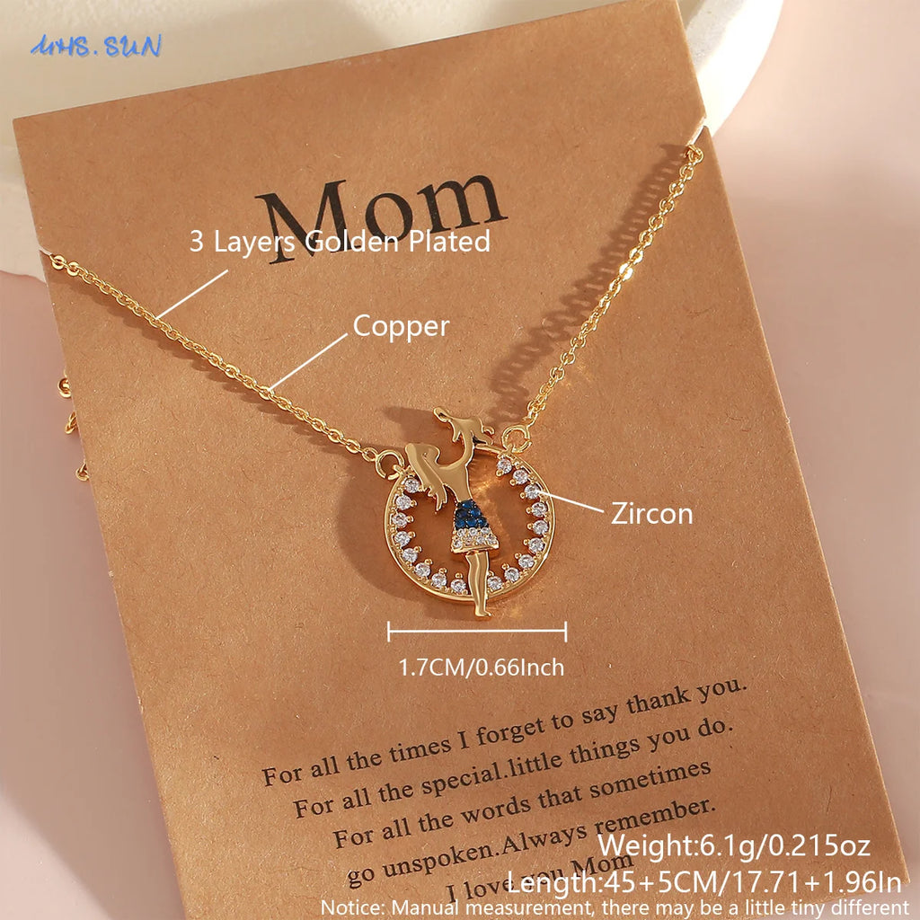 MHS.SUN Delicate Mother Baby Pendant Necklace With Card Fashion Mom Daughter Son Family Clavicle Chain Jewelry Mother's Day Gift