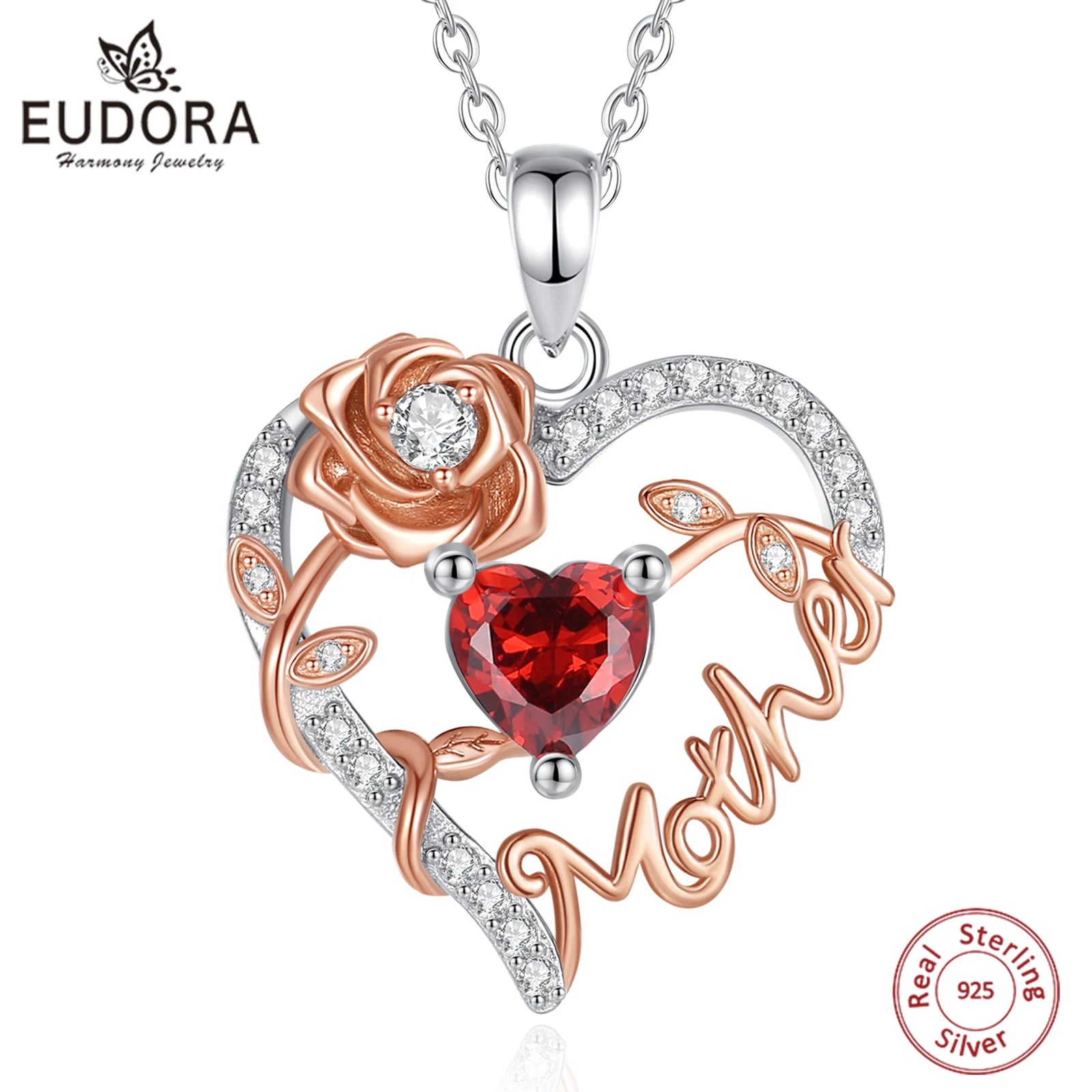 Eudora 925 Sterling Silver Mother Necklace Mamma Mutter maman Heart Zircon Pendant Mom Jewelry with Box Birthday Mother Day Gift