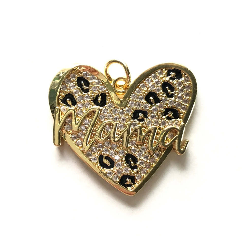 5pcs Leopard Print Mom Heart Charms for Mother's Day Jewelry Making Zirconia Pave Pendants for Necklace Bracelet Handcraft