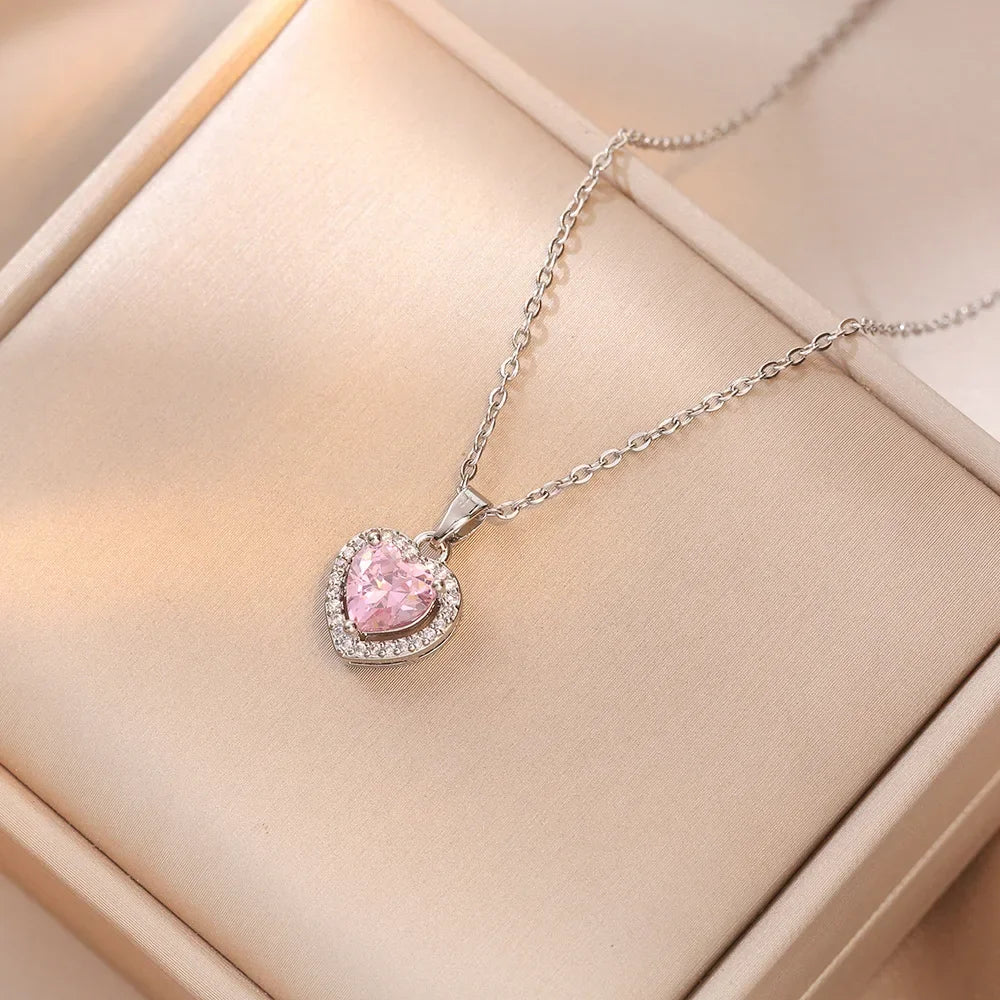 Charm Pink Heart Crystal Pendant Necklace for Women Temperament Silver Color Stainless Steel Collar Rings Jewelry Set Colorfast