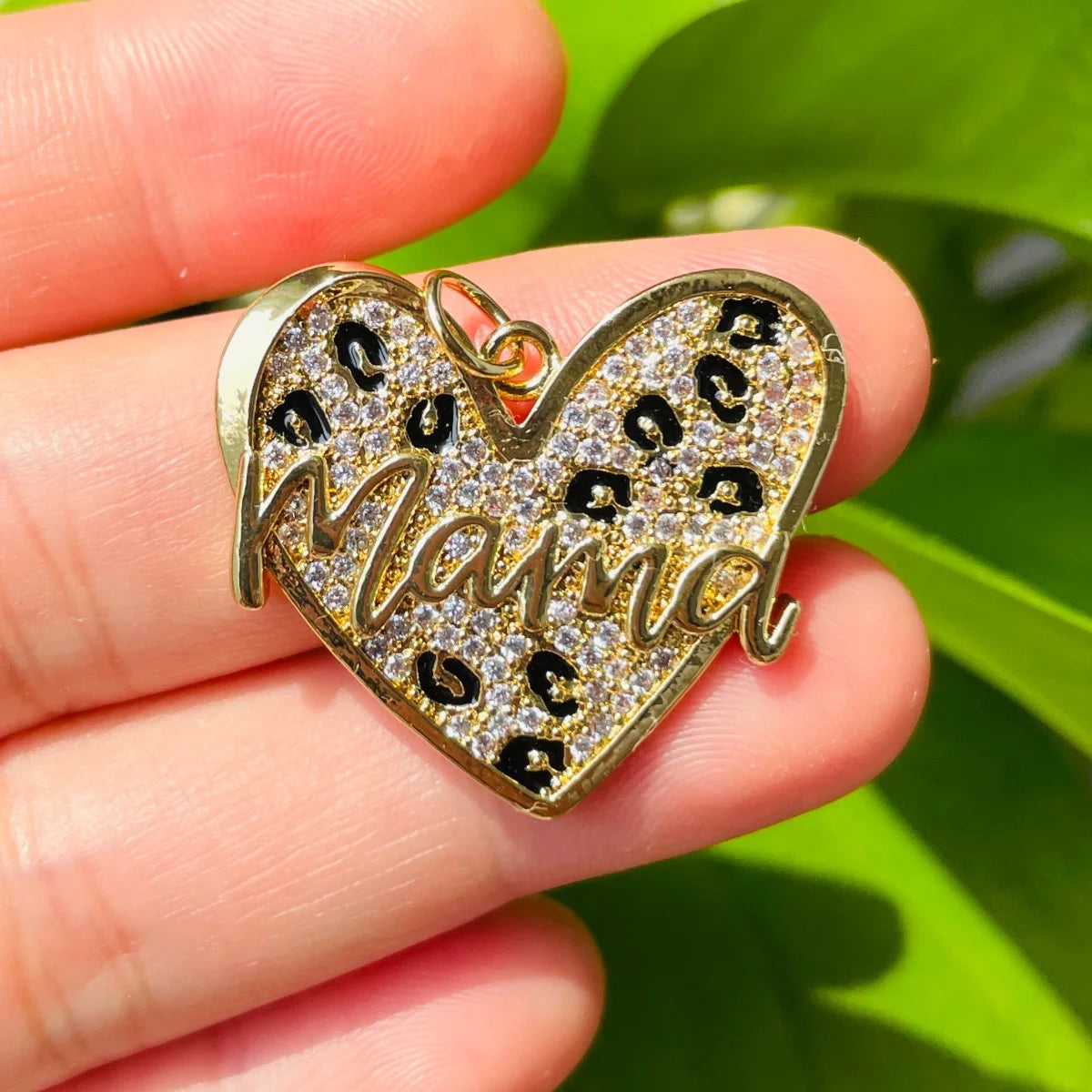 5pcs Leopard Print Mom Heart Charms for Mother's Day Jewelry Making Zirconia Pave Pendants for Necklace Bracelet Handcraft
