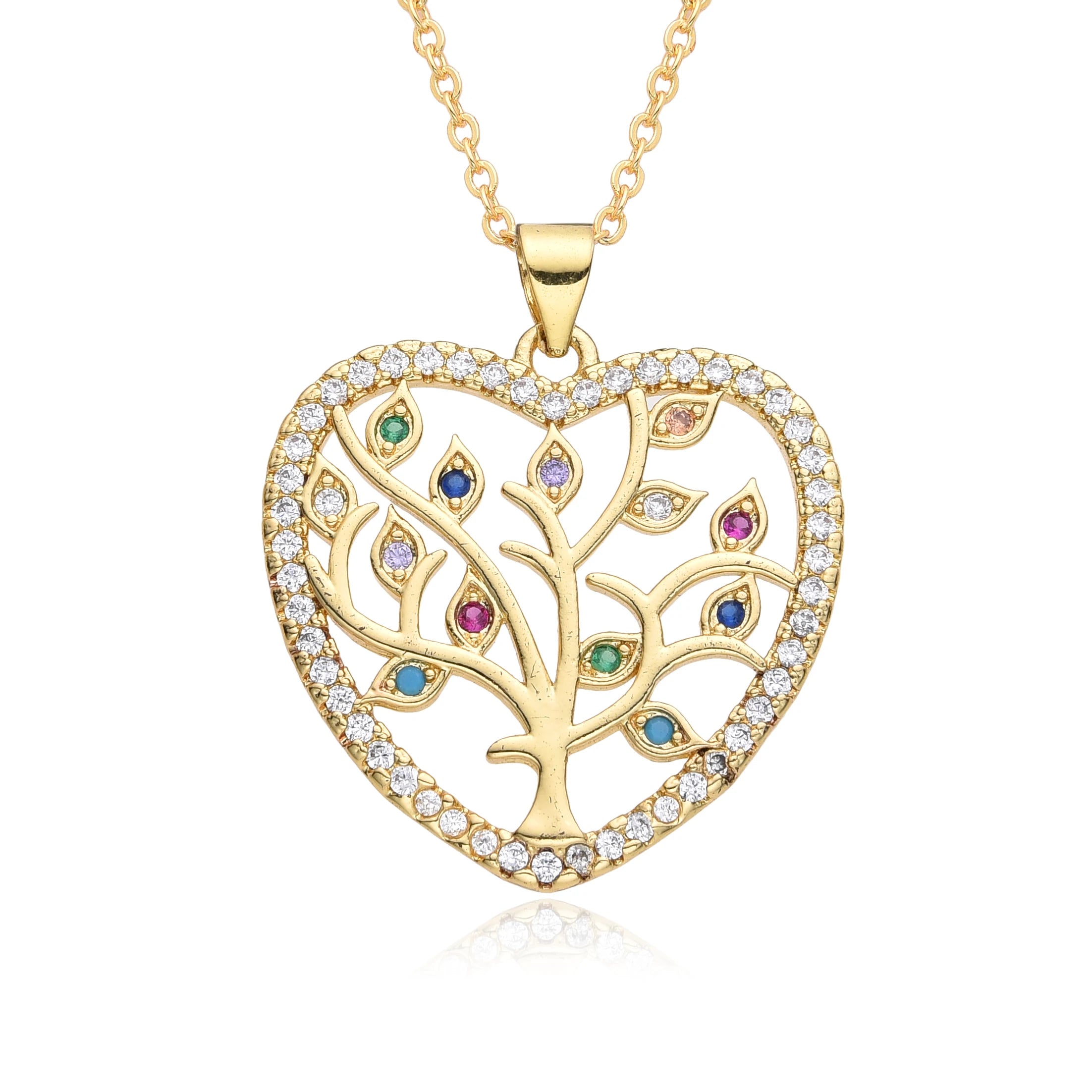 Mother's Day Gift Gold Plated Multicolor Zirconia Tree of Life Heart Charms Minimalist Family Necklace Peace Jewelry Pendant