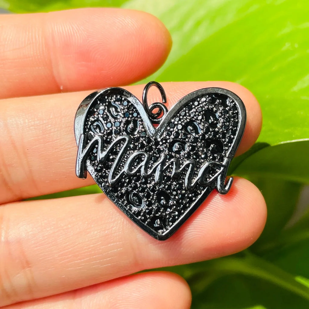 5pcs Leopard Print Mom Heart Charms for Mother's Day Jewelry Making Zirconia Pave Pendants for Necklace Bracelet Handcraft