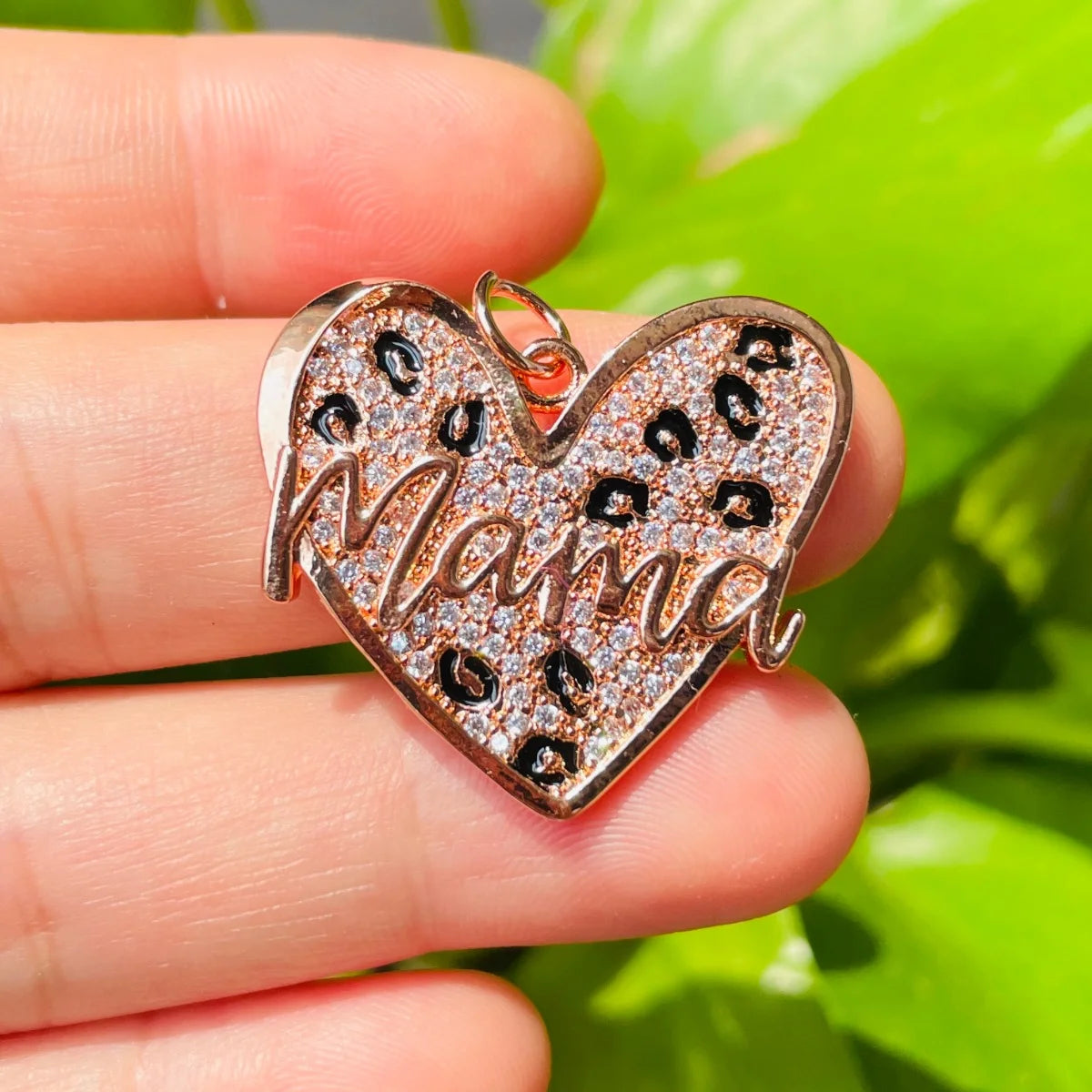 5pcs Leopard Print Mom Heart Charms for Mother's Day Jewelry Making Zirconia Pave Pendants for Necklace Bracelet Handcraft