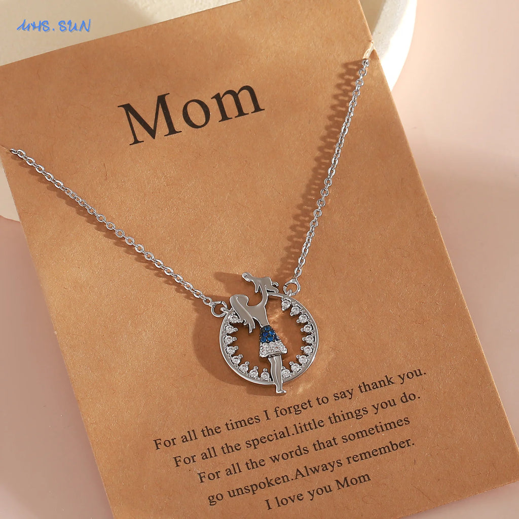 MHS.SUN Delicate Mother Baby Pendant Necklace With Card Fashion Mom Daughter Son Family Clavicle Chain Jewelry Mother's Day Gift