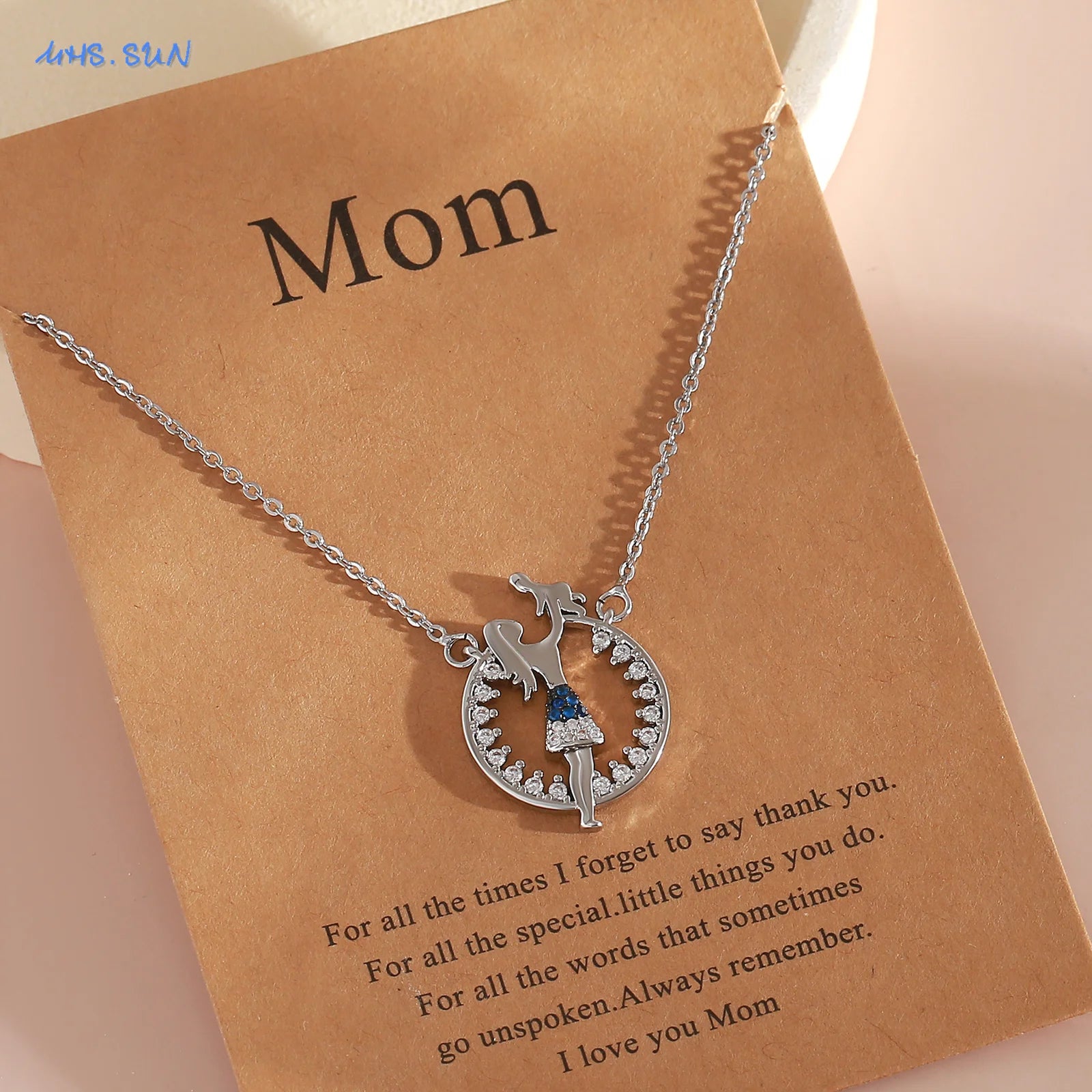 MHS.SUN Delicate Mother Baby Pendant Necklace With Card Fashion Mom Daughter Son Family Clavicle Chain Jewelry Mother's Day Gift